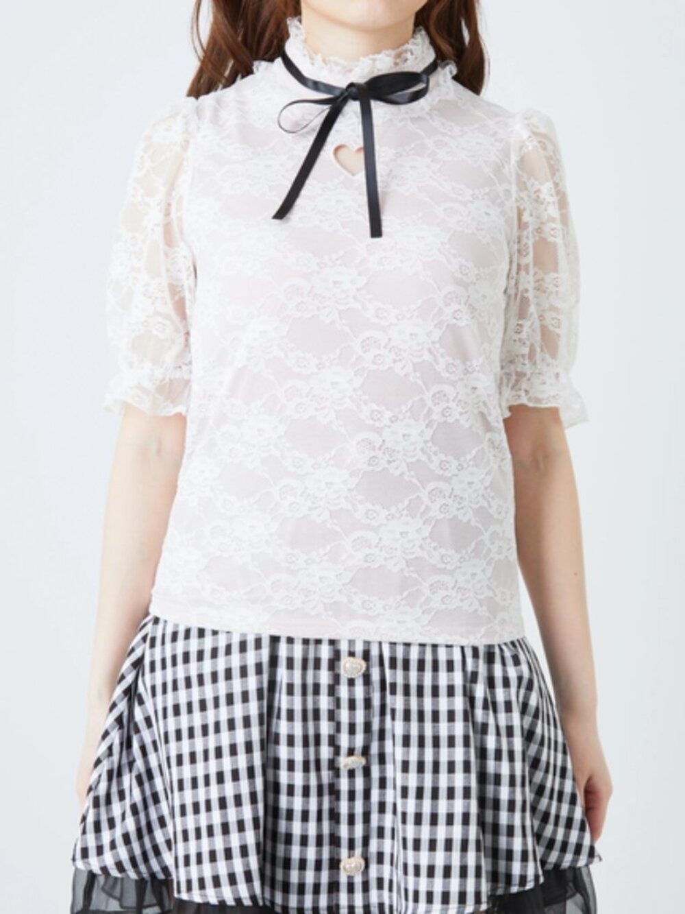 ANK ROUGE lace puff sleeve high neck blouse - Picture 2 of 9